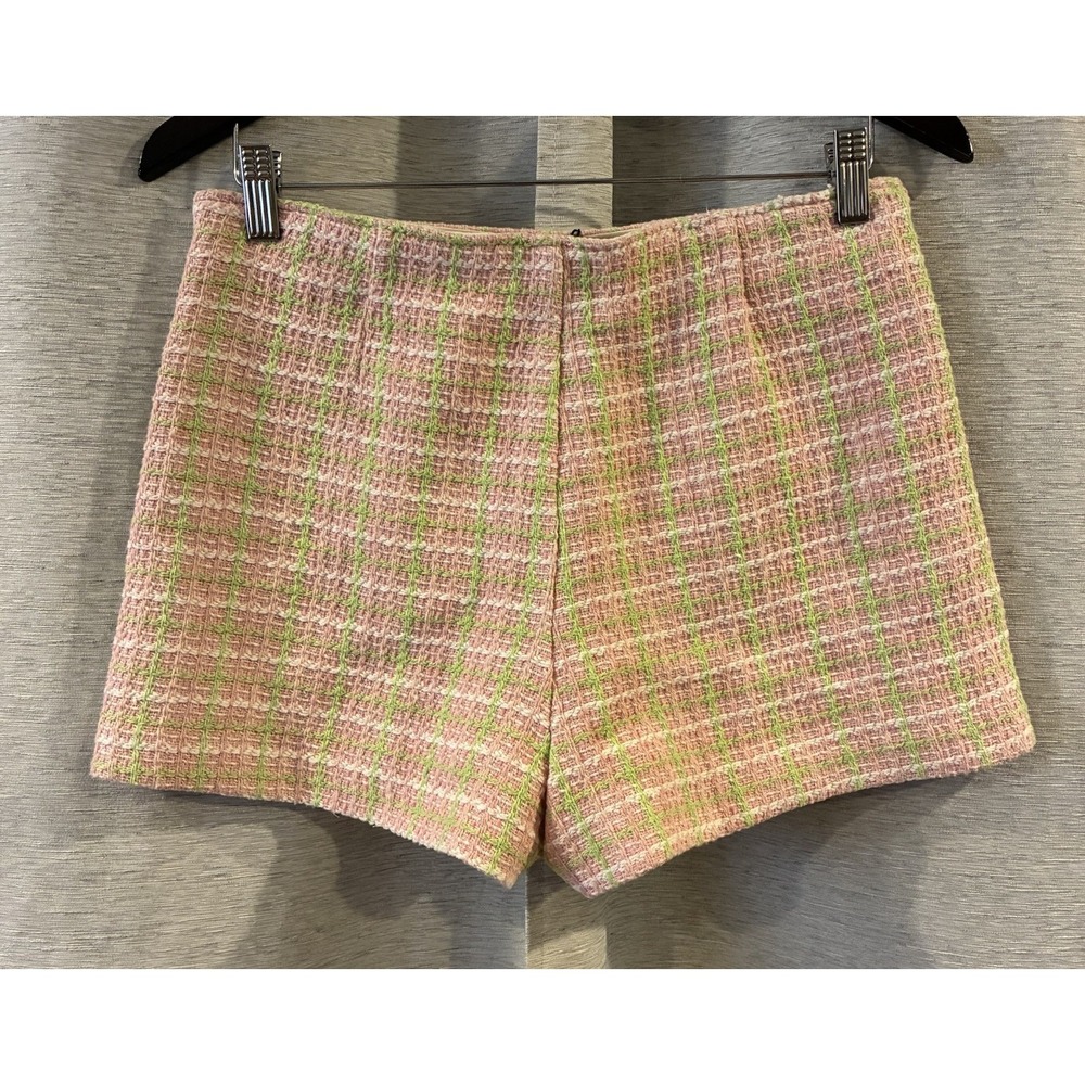 ZARA Pink Green gingham Tweed texture Plaids Stripes Mini Skort size M NWT - Picture 3 of 5